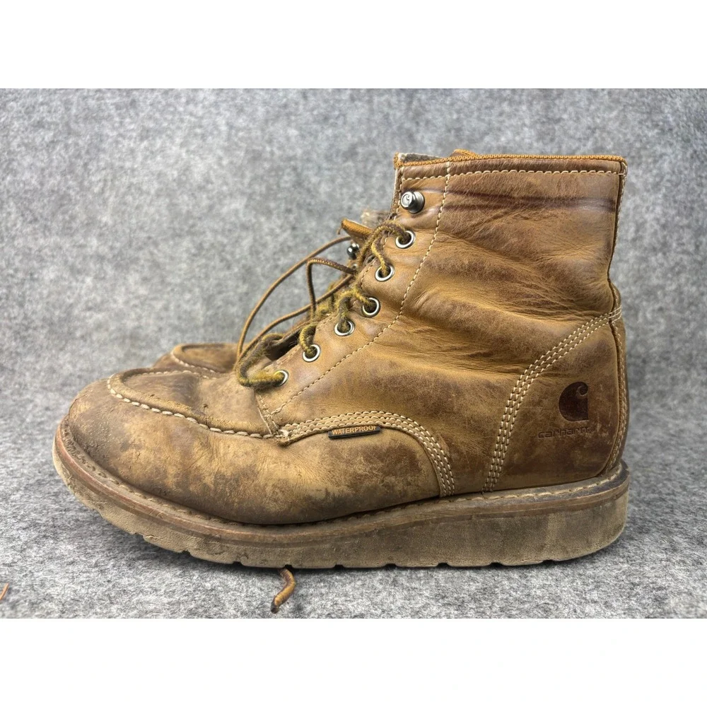 Carhartt Moc Toe Work Boots Mens 10 Brown Waterproof Leather Wedge Sole FW6025-M